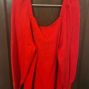 Red square neck balloon sleeve soft sweater